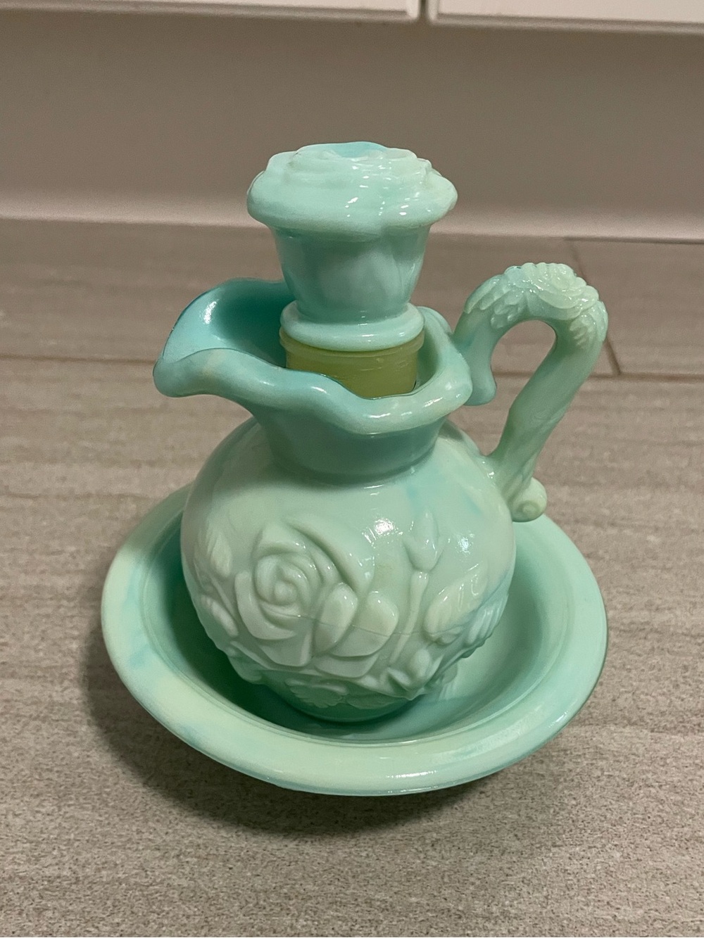 Vintage Avon Mint Green Floral Cruet with Saucer